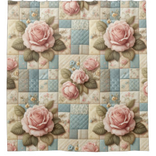Shabby Chic Floral Faux Quilt Pattern Shower Curtain