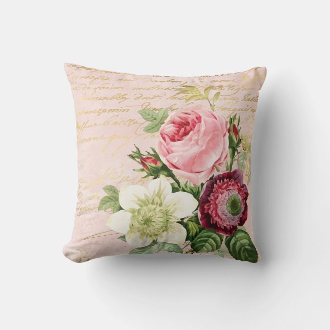 Shabby Chic Floral Gold Script on Blush Cushion (Front)