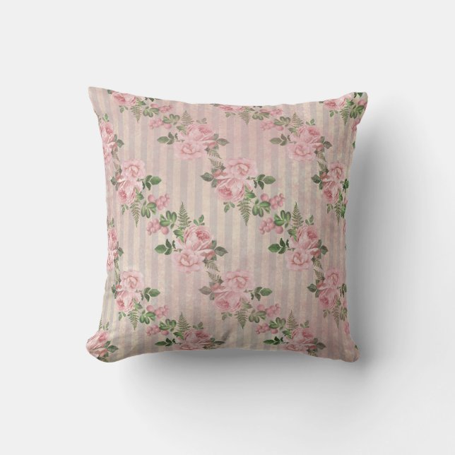 Shabby Chic Floral Grunge Stripes Pink Cushion (Front)