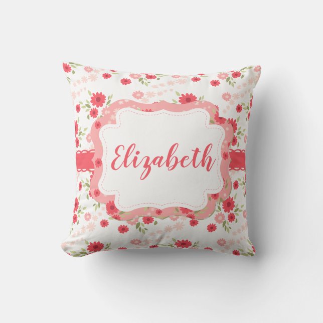 Shabby Chic Floral Pink White Flower Personalised Cushion (Front)