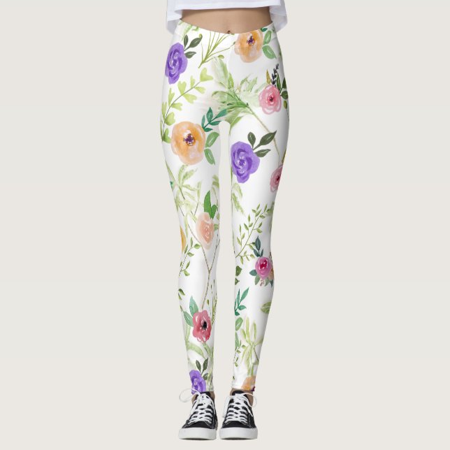 Shabby Chic Floral Pink Yellow Red Purple Flowers Leggings (Front)