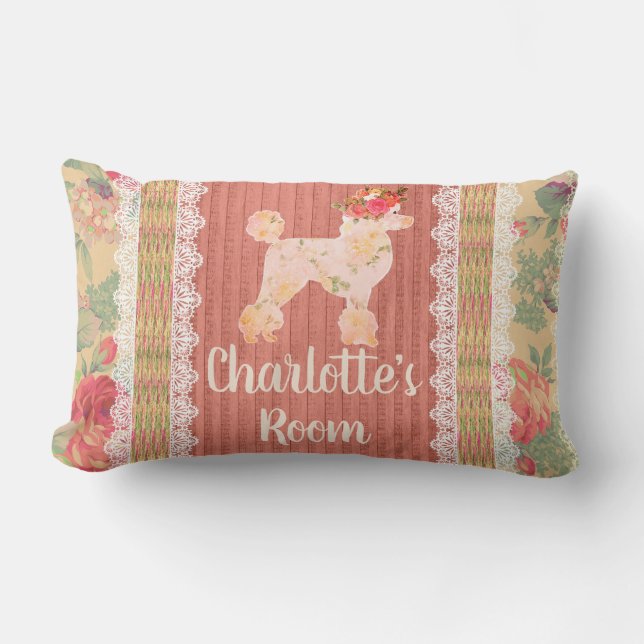 Shabby Chic Floral Poodle With Roses  Lumbar Cushion (Front)