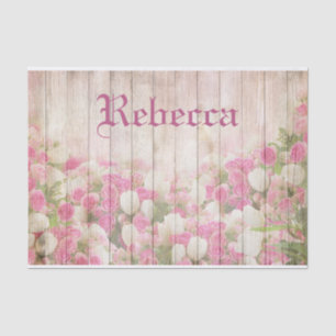 Shabby Chic Floral Roses On Wood Personalised Name Tissue Paper