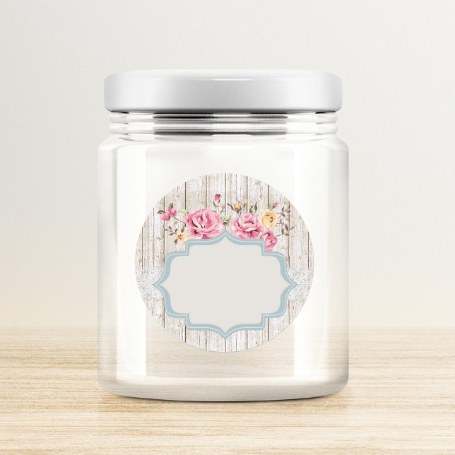 Shabby Chic Floral Rustic Wood & Lace Write-On Classic Round Sticker (Creator Uploaded)