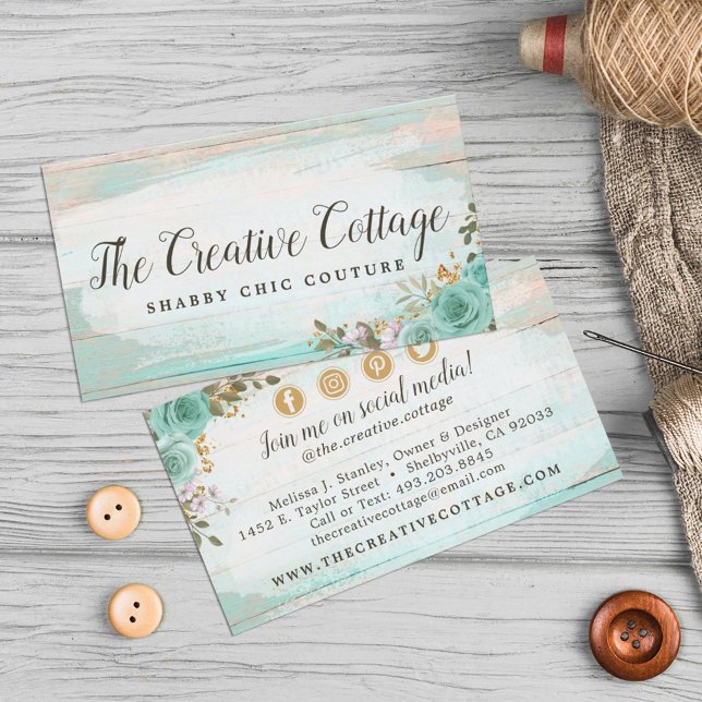 Shabby Chic Floral Rustic Wood Social Media Icons Business Card (Creator Uploaded)