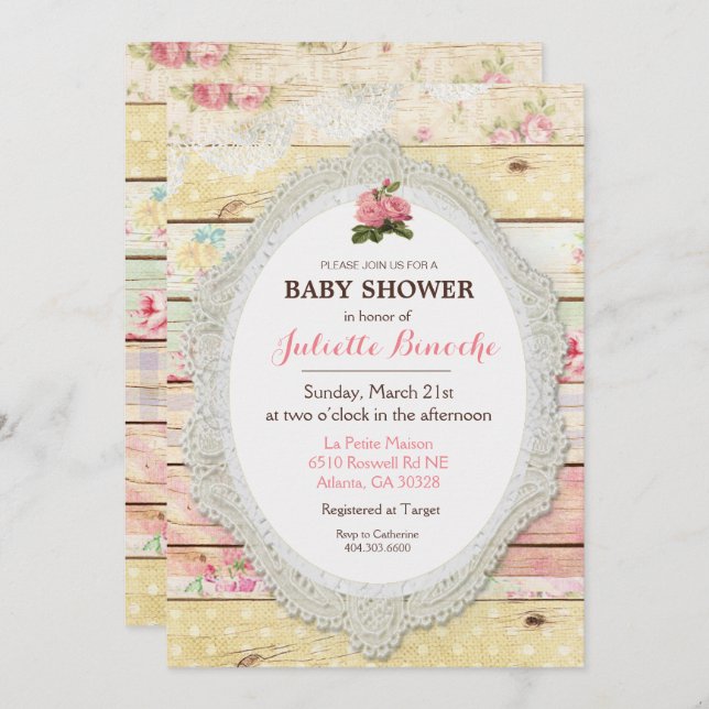 Shabby Chic Floral Wood Baby Shower Invitation (Front/Back)