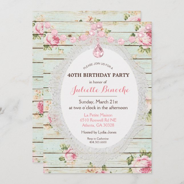 Shabby Chic Floral Wood Birthday Invitation (Front/Back)