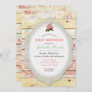 Shabby Chic Floral Wood First Birthday Invitation