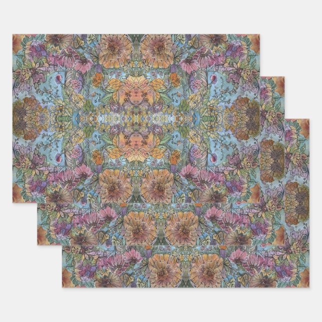 Shabby Chic Flower Garden Watercolor Painting  Wrapping Paper Sheet (Set)