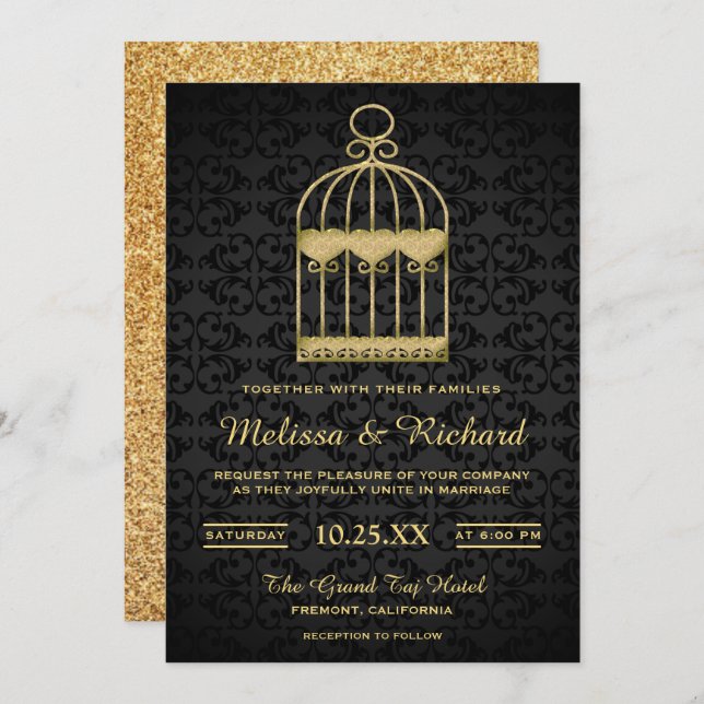 Shabby Chic Gold Birdcage Wedding Invitation (Front/Back)