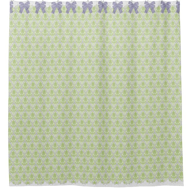Shabby Chic Green & Lilac Damask w Bows & Lace Shower Curtain (Front)