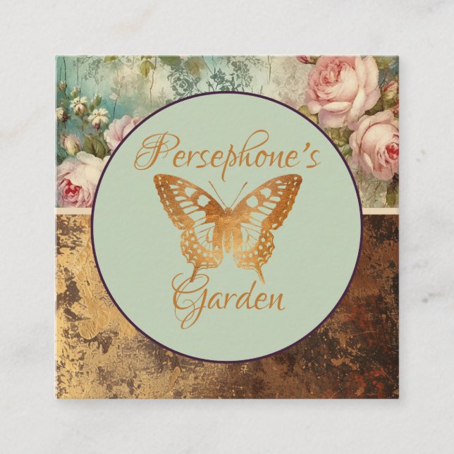 Shabby chic grunge style floral florist square business card (Front)