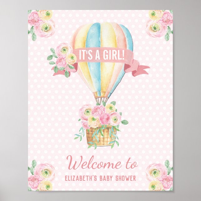 Shabby Chic Hot Air Balloon Pink Floral Shower Poster (Front)