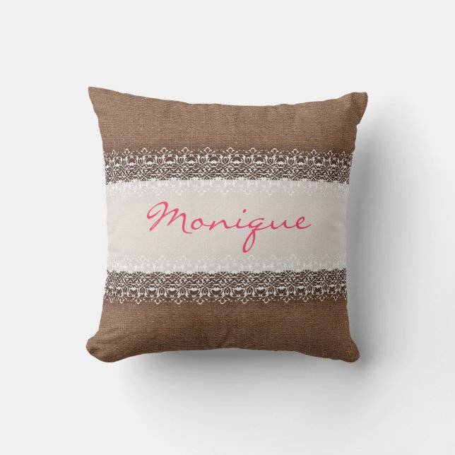 Shabby Chic Lace on Rustic Burlap - Pink Monogram Cushion (Front)