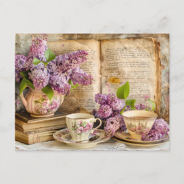 Shabby chic Lilac Bunch in an Antique Coffee Pot Postcard (Front)