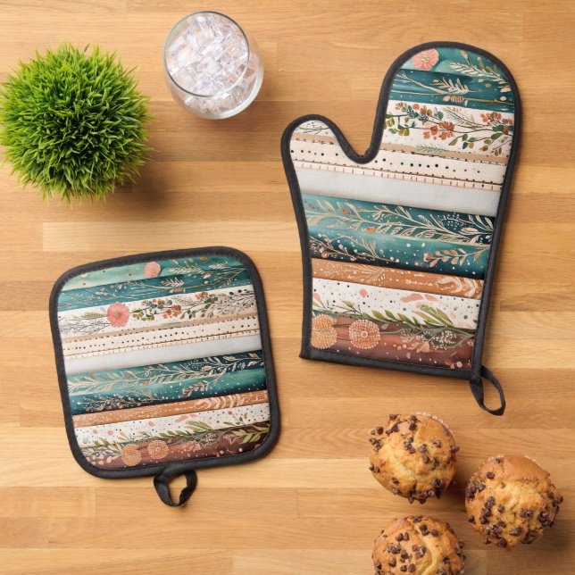 Shabby chic mixed patterns oven mitt & pot holder set (Top Down)