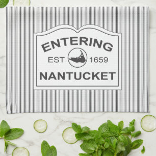 Shabby Chic Nantucket Sign in Black & White Stripe Tea Towel