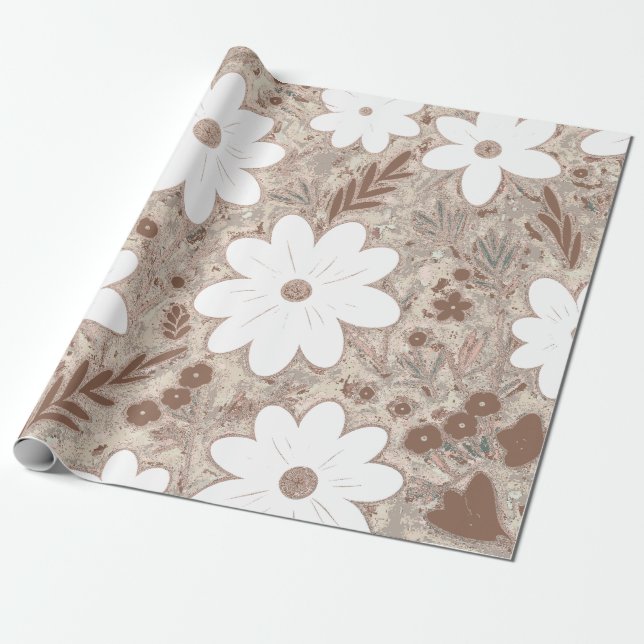 Shabby Chic Natural Tan Retro Daisy Patterned  Wrapping Paper (Unrolled)