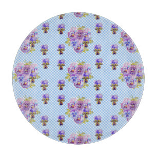 Shabby Chic Pansy Floral Blue Gingham Checks Cutting Board