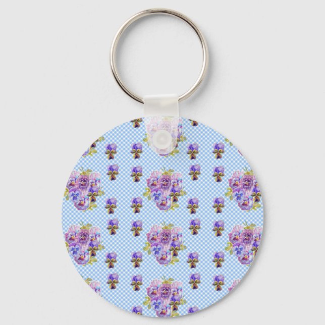 Shabby Chic Pansy Floral Blue Gingham Checks Key Ring (Front)