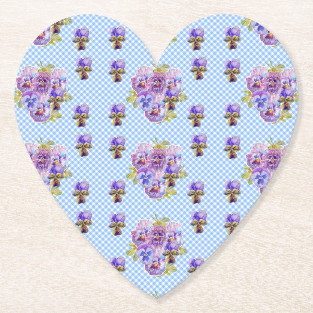 Shabby Chic Pansy Floral Blue Gingham Checks Paper Coaster (Front)