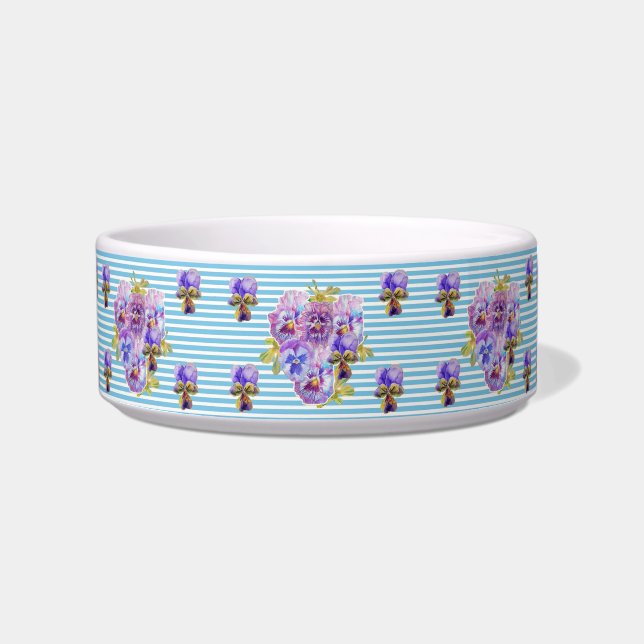 Shabby Chic Pansy flowers Blue Stripe floral Pet Bowl (Front)