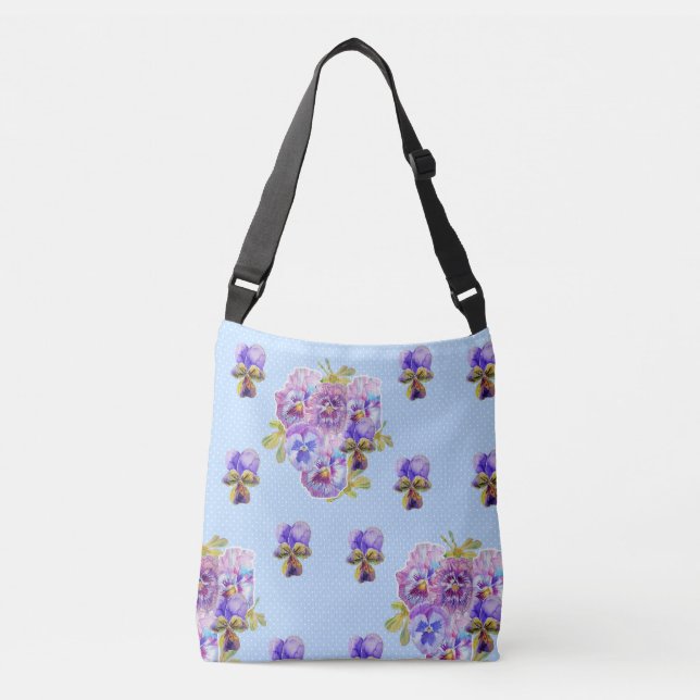 Shabby Chic Pansy Flowers Polka Dot Crossbody Bag (Front)