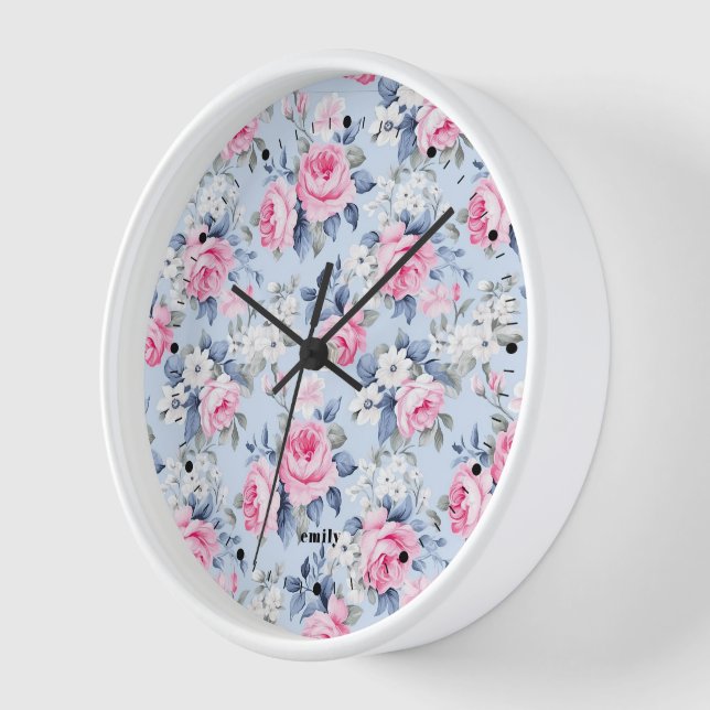 Shabby chic pastel pink roses pattern clock (Angle)