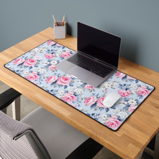 Shabby Chic Pastel Pink Roses Pattern Desk Mat (Office 2)