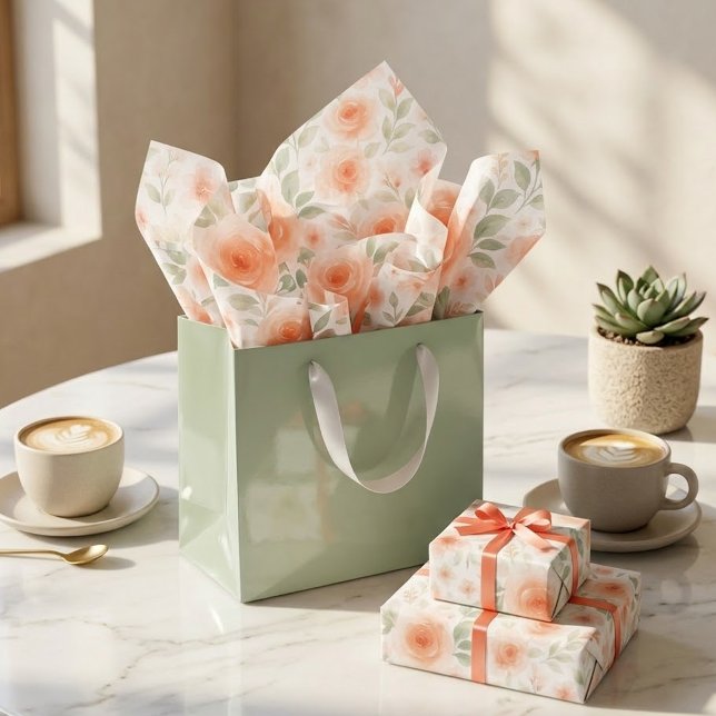 Shabby Chic Peach Orange Sage Green Floral Art Tissue Paper (Creator Uploaded)