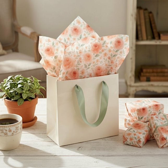 Shabby Chic Peach Orange Sage Green Floral Art Tissue Paper (Creator Uploaded)