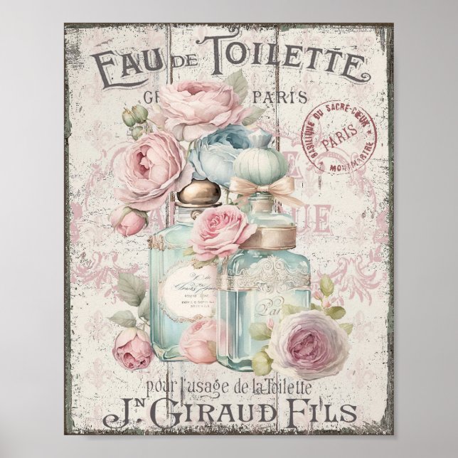 Shabby Chic Perfume Bottles French Script Poster (Front)