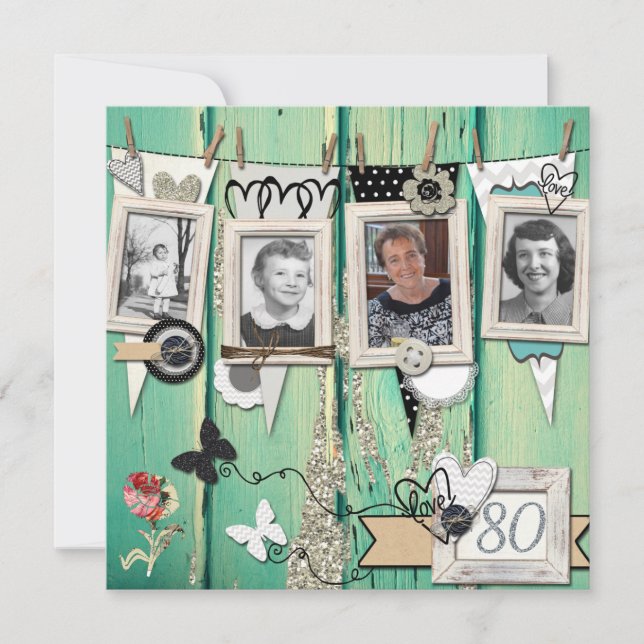 Shabby Chic Photo 80th Birthday Party Invitation (Front)