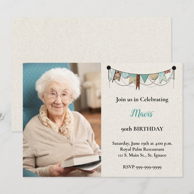Shabby Chic Photo 90th Birthday Party Invitation (Front/Back)