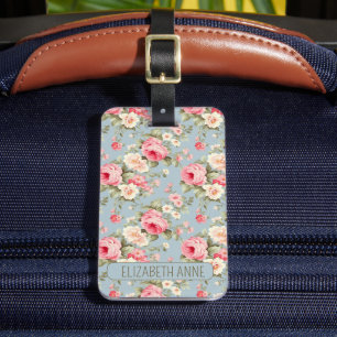 Shabby Chic Pink and Blue Cottage Roses and Flower Luggage Tag