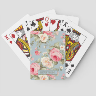 Shabby Chic Pink and Blue Cottage Roses Flowers Playing Cards