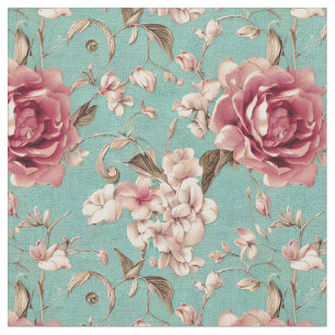 Shabby Chic Pink and White Florals on teal Fabric