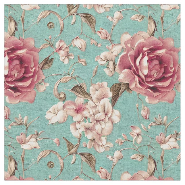 Shabby Chic Pink and White Florals on teal Fabric (Close Up)