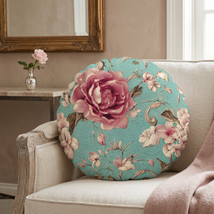 Shabby Chic Pink and White Florals on Teal Round Cushion