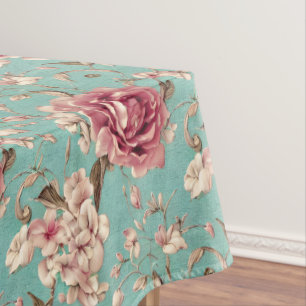 Shabby Chic Pink and White Florals on Teal Tablecloth
