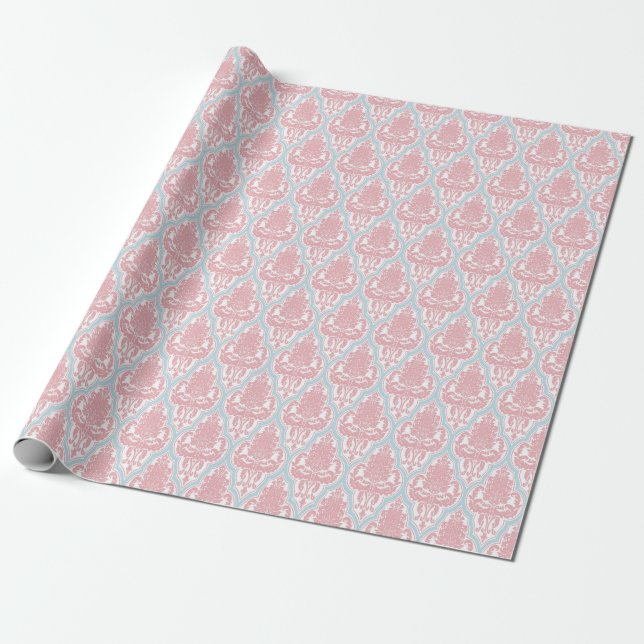 Shabby Chic Pink & Blue Damask Wrapping Paper (Unrolled)