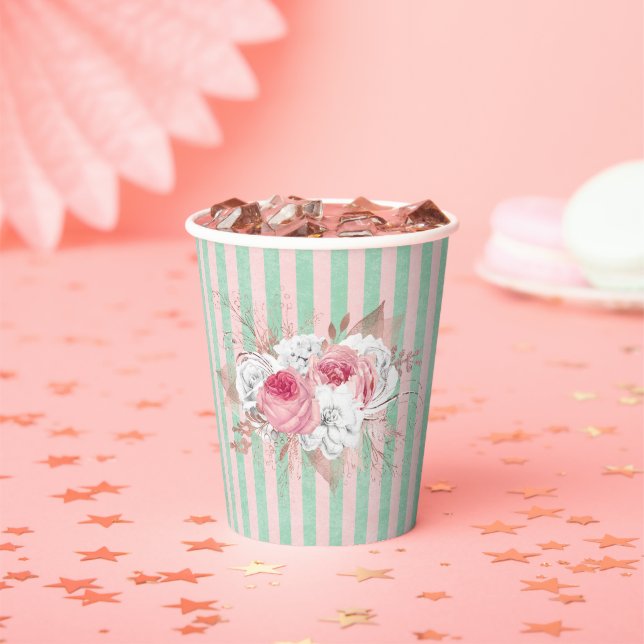 Shabby Chic Pink Bouquet Stripes  Paper Cups (Insitu)