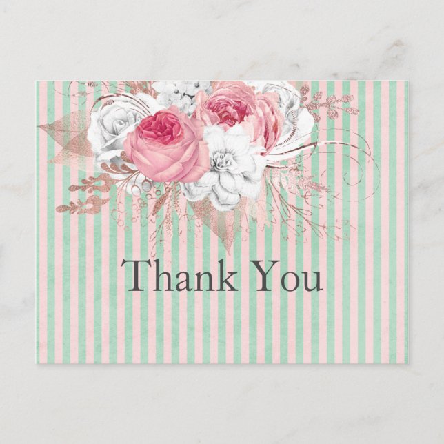 Shabby Chic Pink Bouquet Stripes   Thank You Card (Front)