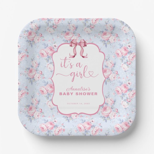Shabby Chic Pink Bow It's A Girl Baby Shower Paper Plate (Front)