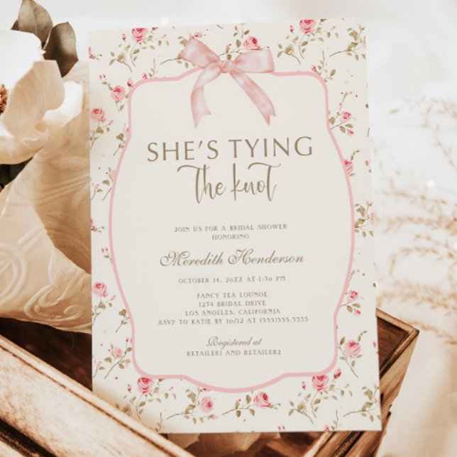 Shabby Chic Pink Bow Tying the Knot Bridal Shower Invitation (Creator Uploaded)