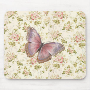 Shabby Chic Pink Butterfly Floral Mouse Pad
