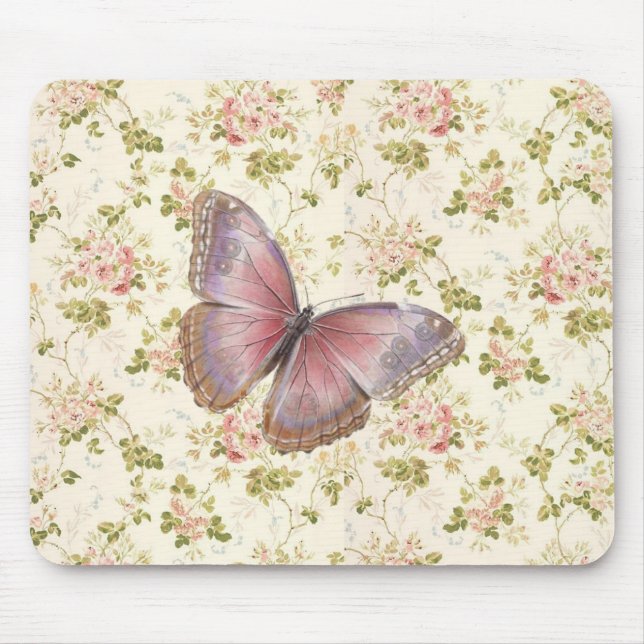 Shabby Chic Pink Butterfly Floral Mouse Pad (Front)