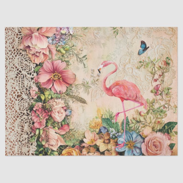 Shabby Chic Pink Flamingo Floral Decoupage  Tissue Paper (Front)