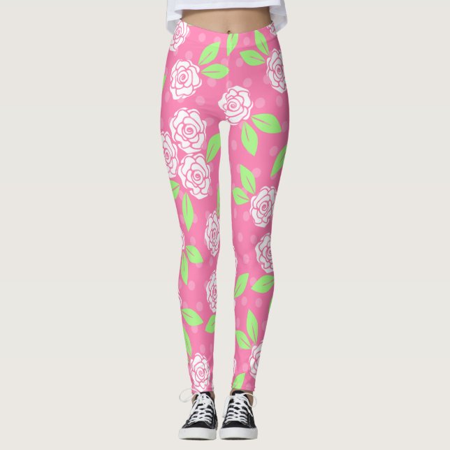 Shabby Chic Pink Floral Leggings (Front)