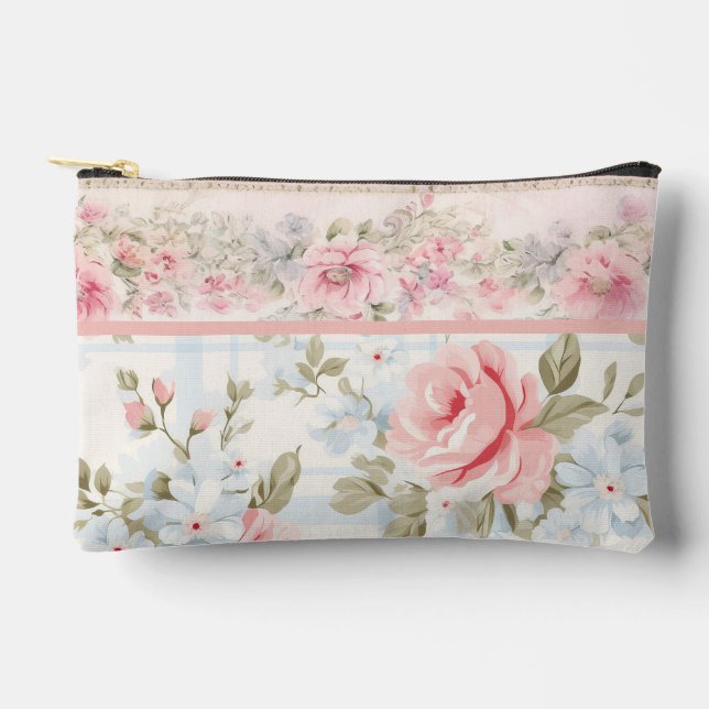 Shabby chic pink floral pattern accessory pouch (Front)